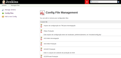  Tela com os arquivos de configuração cadastrados no jenkins. 