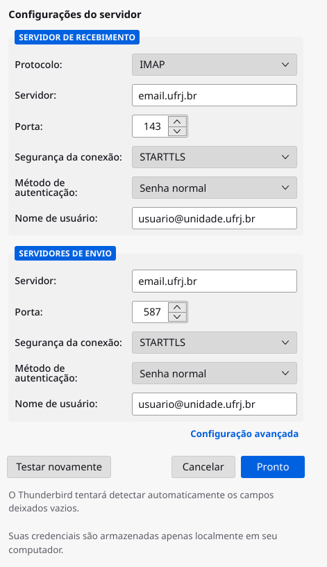 Configuração de IMAP e SMTP no Thunderbird